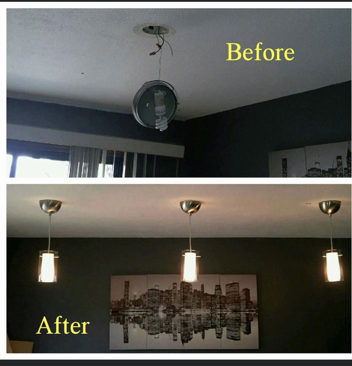 Before and after decorative pendant lighting installation